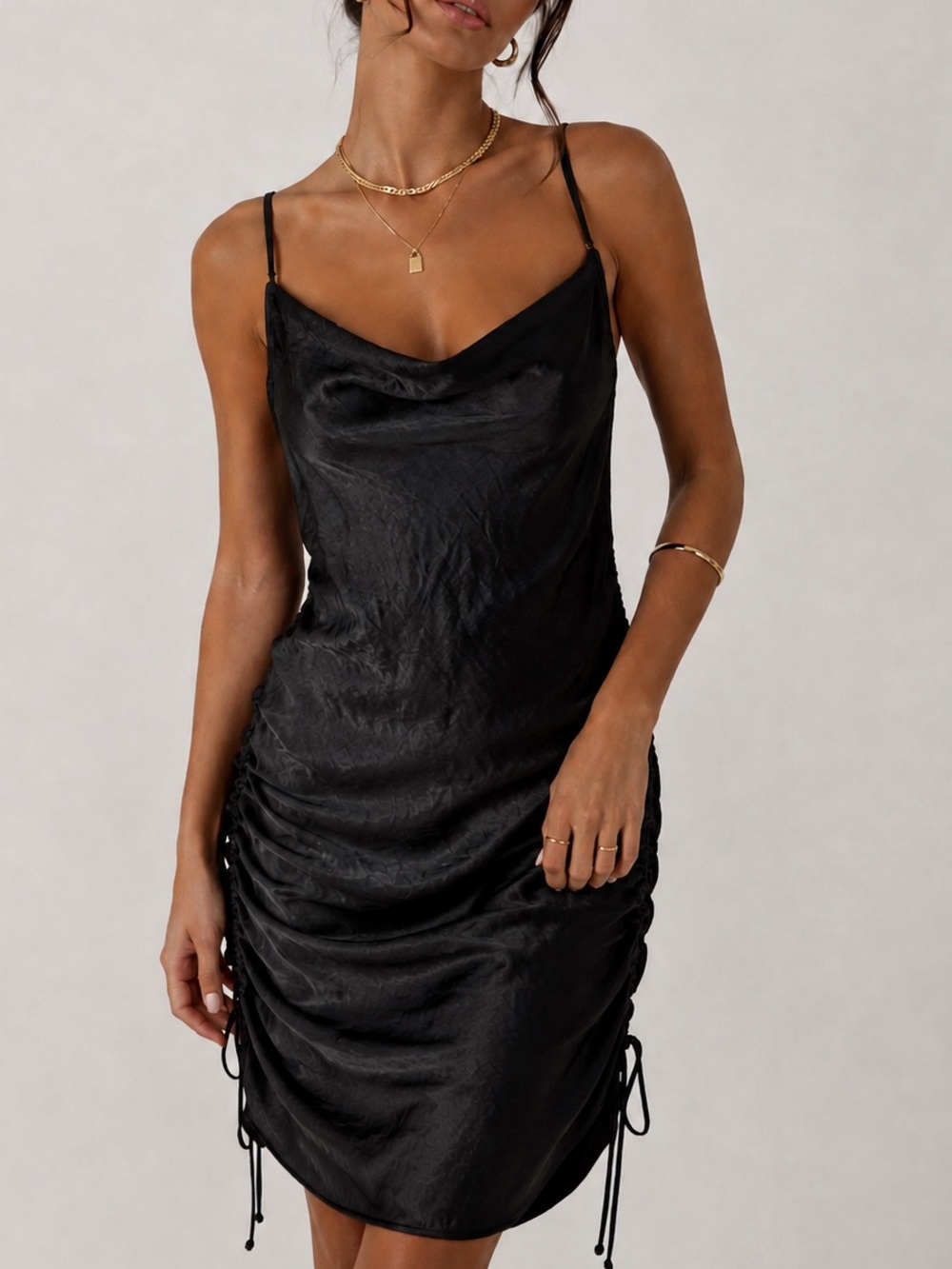 By Together | Satin Effect Ruched Slip Dress  Cowl Neck Model-Off-Duty Size S